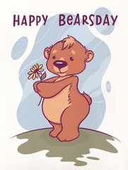 Cute Teddy Bear With A Flower Birthday Card