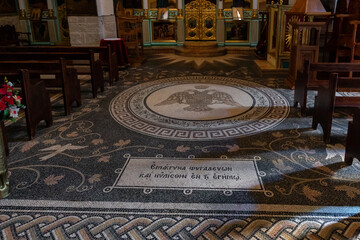 Obraz premium The mosaic floor of the Monastery Deir Hijleh - Monastery of Gerasim of Jordan, in the Palestinian Authority, in Israel