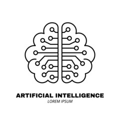 Artificial intelligence and machine learning line icon. Robotic brain. Simple thin outline pictogram. AI concept. Innovative robotic technology element. Cpu,cloud. Editable stroke vector illustration