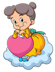 The old woman is holding the love doll and sitting on the cloud