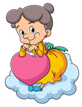 The old woman is holding the love doll and sitting on the cloud