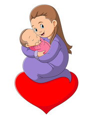 The mother is holding the baby on the love sign