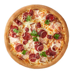 Top view of pizza with bacon, salami, hunting sausages, onions, mozzarella isolated on white