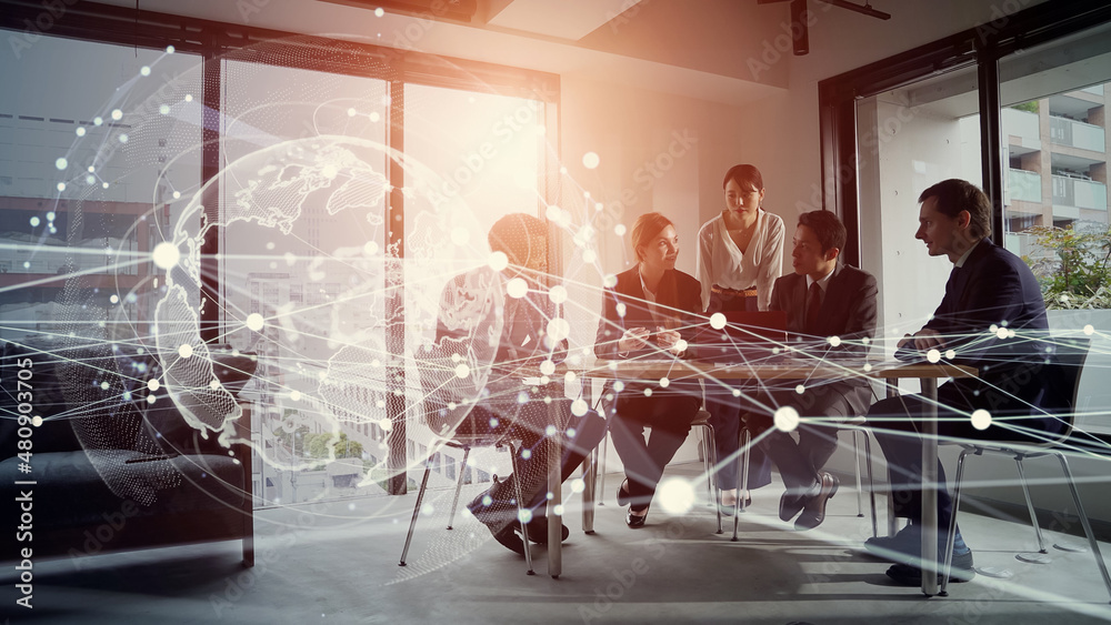 Poster global business concept. communication network. management strategy. digital transformation.
