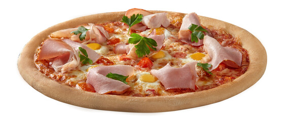 Pizza with sliced ham, quail eggs and tomatoes on pelati sauce, melted mozzarella and greens
