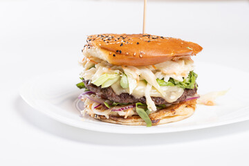 details of tasty beef burger with coleslaw salad on white background
