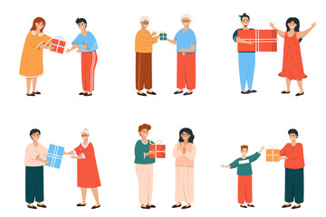 Fototapeta premium People giving and receiving gifts set, men, women and kids celebrating holidays. People and New Year gifts flat vector illustration.