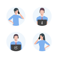 Call center operator set. Online support service. Colored vector flat illustration. Isolated on white background.