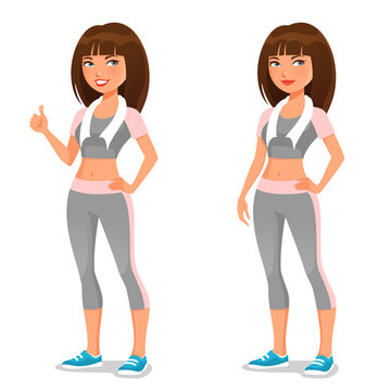 beautiful young girl in fitness clothing, cute cartoon character
