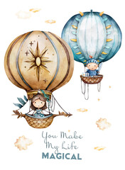 Obraz premium watercolor hot air balloons with knight and princess in the clouds, romantic mood in pastel colors