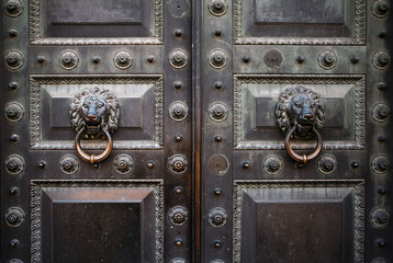 Close-up of lion head handles on a vintage door. Architectural element of the Stieglitz State...