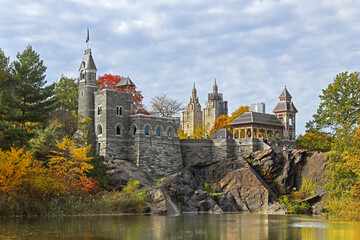 Belvedere Castle (1867-1869) on shore of Turtle Pond in Central Park in Manhattan, New York City