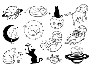 Set of space cat. Collection of cat with planets and star. Kitten travel into space. Vector illustration of cosmic pets in galactic.