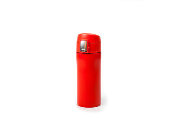 Thermos cup with red-orange vacuum lid for long-term storage of hot and cold drinks. For fitness and travel.