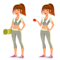 beautiful young girl in gym outfit, holding a yoga mat or an apple, cute cartoon character