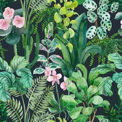 Fotobehang Jungle  kinderkamer Aquarel naadloze bloemmotief met huis tropische planten. Bloemen achtergrond