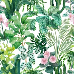 Tapeten Nahtloses Blumenmuster des Aquarells mit heimischen tropischen Pflanzen. Blumenhintergrund © Арина Трапезникова