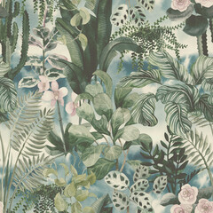 Watercolor floral seamless pattern with home tropical plants. Floral background