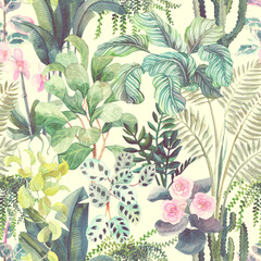 Watercolor floral seamless pattern with home tropical plants. Floral background
