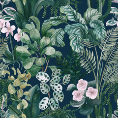 Aquarel naadloze bloemmotief met huis tropische planten. Bloemen achtergrond