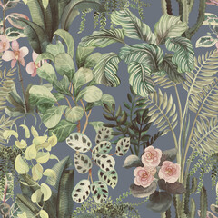 Watercolor floral seamless pattern with home tropical plants. Floral background - 480904984