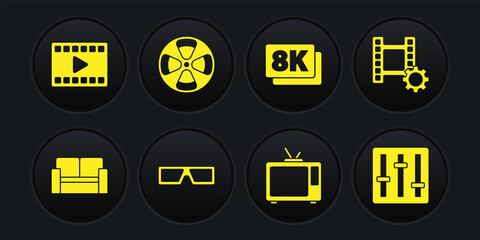 Set Cinema chair, Play Video, 3D cinema glasses, Retro tv, 8k Ultra HD, Film reel, Sound mixer controller and icon. Vector