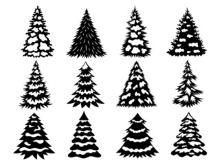 Set of Christmas trees. Collection of stylized holidays trees. Black and white illustration of forest elements. Drawing for kids. Happy New Year.