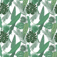 Naklejka na ściany i meble Colorful tropical background with jungle plants, palm leaves. Floral rainforest Hawaiian wallpaper. Summer vector illustration.