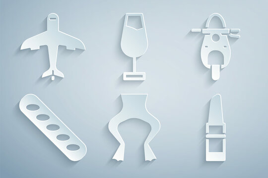 Set Frog legs, Scooter, French baguette bread, Lipstick, Wine glass and Plane icon. Vector