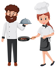 Chef and waiter cartoon character on white background