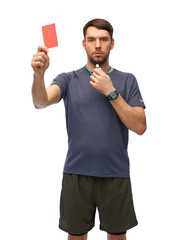 sport, refereeing and people concept - male referee whistling whistle and showing red penalty card