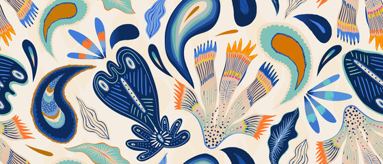 Modern hand drawn mixed ethno style ornament pattern. Abstract trendy colorful print. Fashionable vector template for your design. 