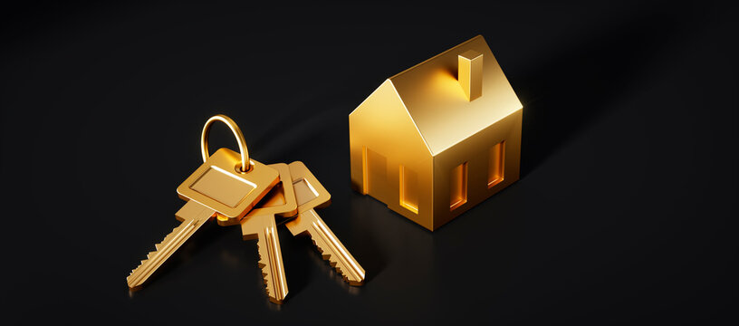  Golden symbol house and golden keys on dark background  - 3D illustration