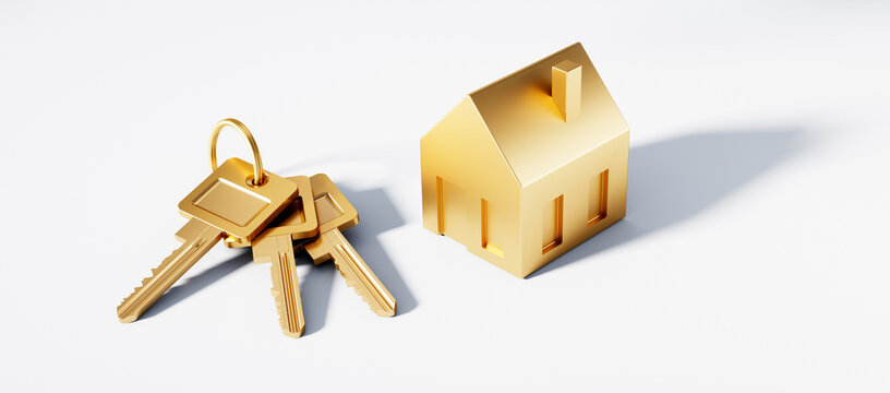  Golden symbol house and golden keys on white background   - 3D illustration