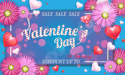 Holiday Model of greeting card for valentine's day with  hearts and flowers . Vector Illustration