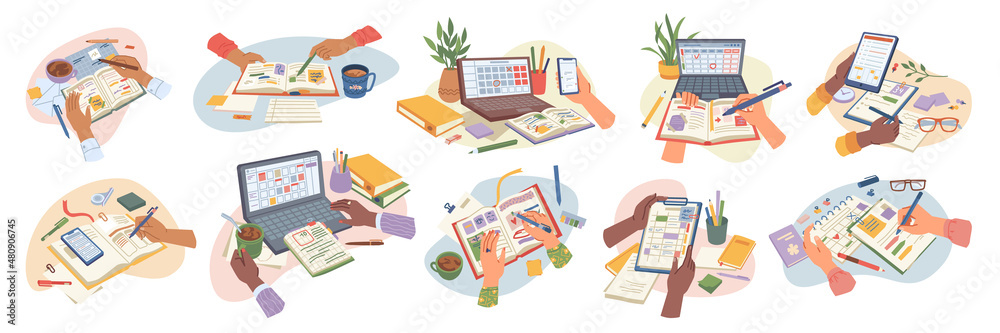 Poster organization and management of working tasks and personal appointments with journals, diaries, and p