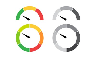 Scale meter gauge, indicator, test, level rating, measurement from low to high, slow to fast, red to green, of emotions, progress. Flat vector icon infographics options with pointer