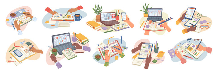 Organization and management of working tasks and personal appointments with journals, diaries, and planners. People at work make schedules or fill calendars with information. Vector in flat style