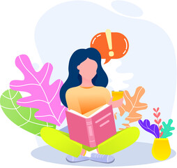 Young woman reading book sitting in lotus position near bunch of colored large leaves studying at home. Student resting with book, female character is fond of literature, enjoys reading gets education