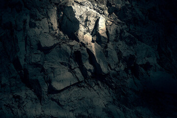 Mystic grim mountain tectonic fort. Fogy spooky fortress in dark way. Old cragged creepy mythical cliff. Vintage fearful crannied horrible stones. Damaged terrible misty karst cavern for mystery drama