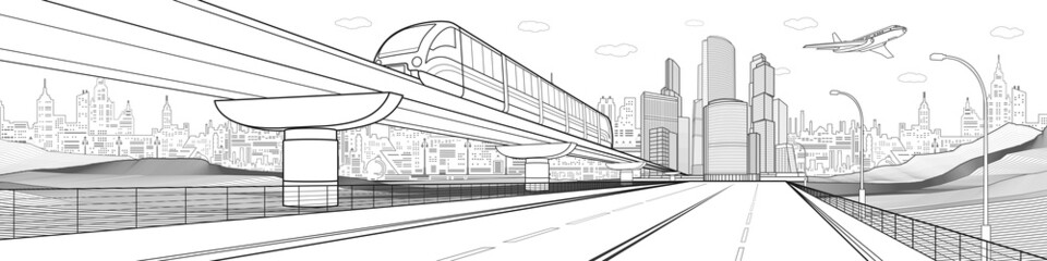 Black outlines Infrastructure town illustration. Large highway, train rides on bridge. Modern city at white background, tower and skyscrapers, business building. Plane is flying. Vector design art