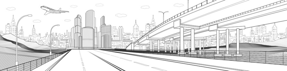 Black outlines Infrastructure illustration. Large highway in city. Modern town at white background, tower and skyscrapers, business building. Plane is flying. Vector design art - 480907117