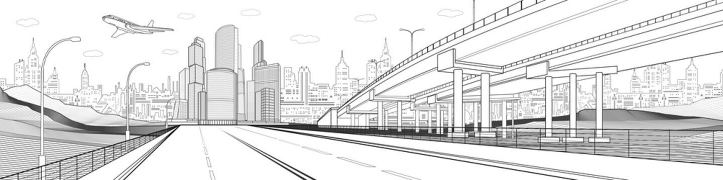 Black outlines Infrastructure illustration. Large highway in city. Modern town at white background, tower and skyscrapers, business building. Plane is flying. Vector design art