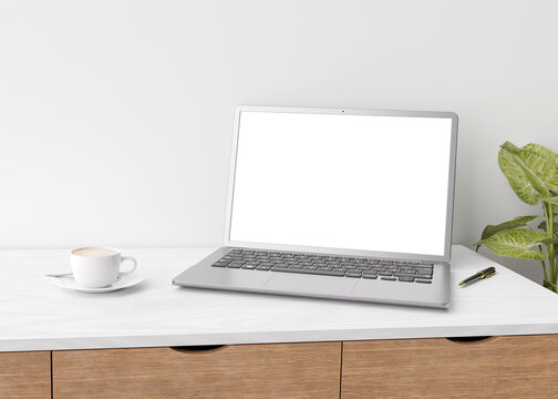 Laptop with blank white screen on wooden table at home or in office. Computer mockup. Free space for app, game, web site presentation. Cozy interior with white wall, cup of coffee, plant. 3D rendering