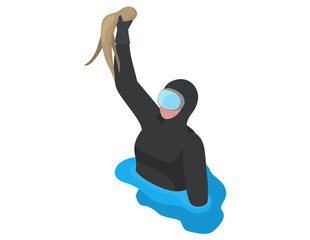 Scuba diving vector illustration. Swimming diver holding an octopus in his hand isolated sign in flat cartoon style. Man character engaged in scuba diving in sea. Diver in black wetsuit, mask