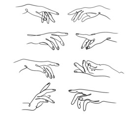 Set of touching hands. Collection of help from the human hand. Holding gestures. Symbol in religion. Vector illustration of god hands for print on clothes.