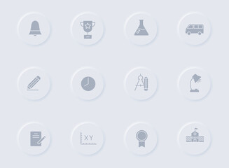 school gray vector icons on round rubber buttons. school icon set for web, mobile apps, ui design and promo business polygraphy