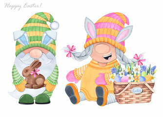 Cute gnomes on a white background. Easter bunny with candy and flowers. Watercolor illustration.
