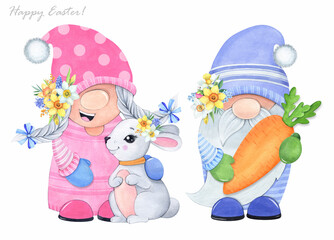 Watercolor illustration. Easter gnomes with a rabbit and a carrot. Boy and girl gnomes on a white background.
