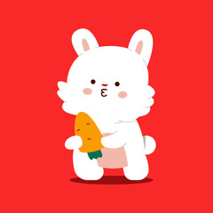 Cute rabbit with carrot vector cartoon character isolated on background.